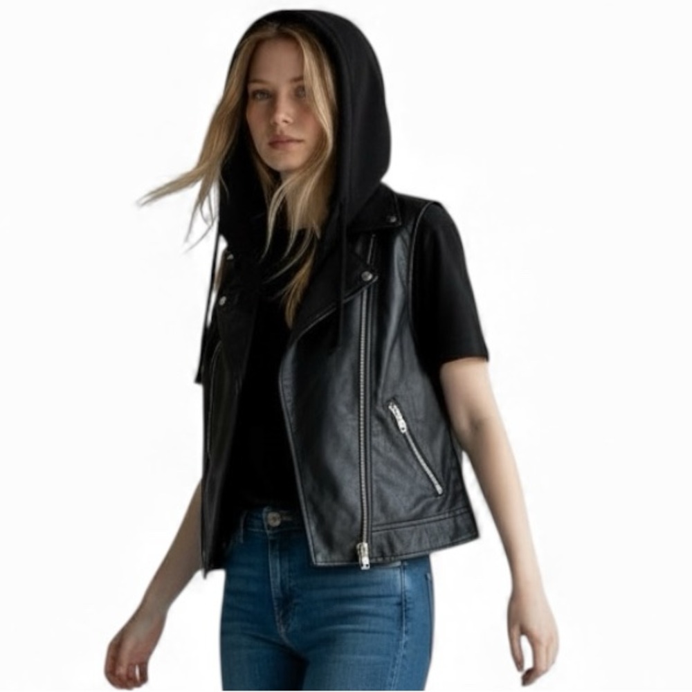 DIVIDED Black Vegan Leather Moto Hooded Vest (S) PTP 19”L 24” NWT Black w/ Sil…
